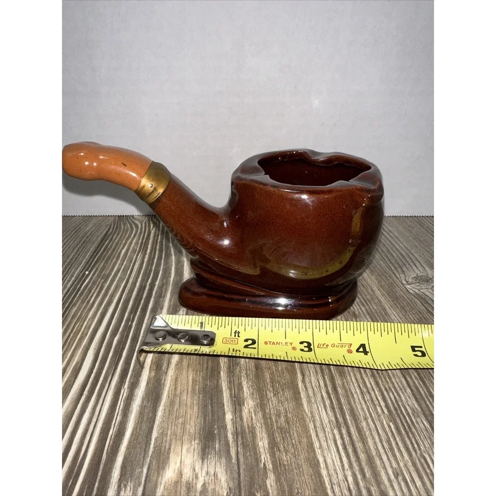 Pipe Shaped Ashtray 3 Slots Brown Tan Ceramic VTG